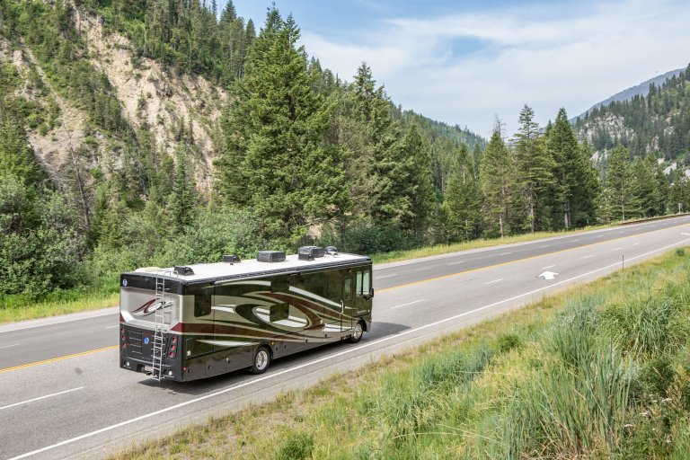 RV leaving the campsite at the Wolf Creek Campground near Alpine, Wyoming.